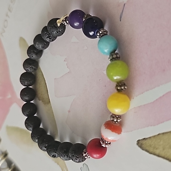 Black lava stones with colorful beads stretch bracelet - Picture 2 of 3